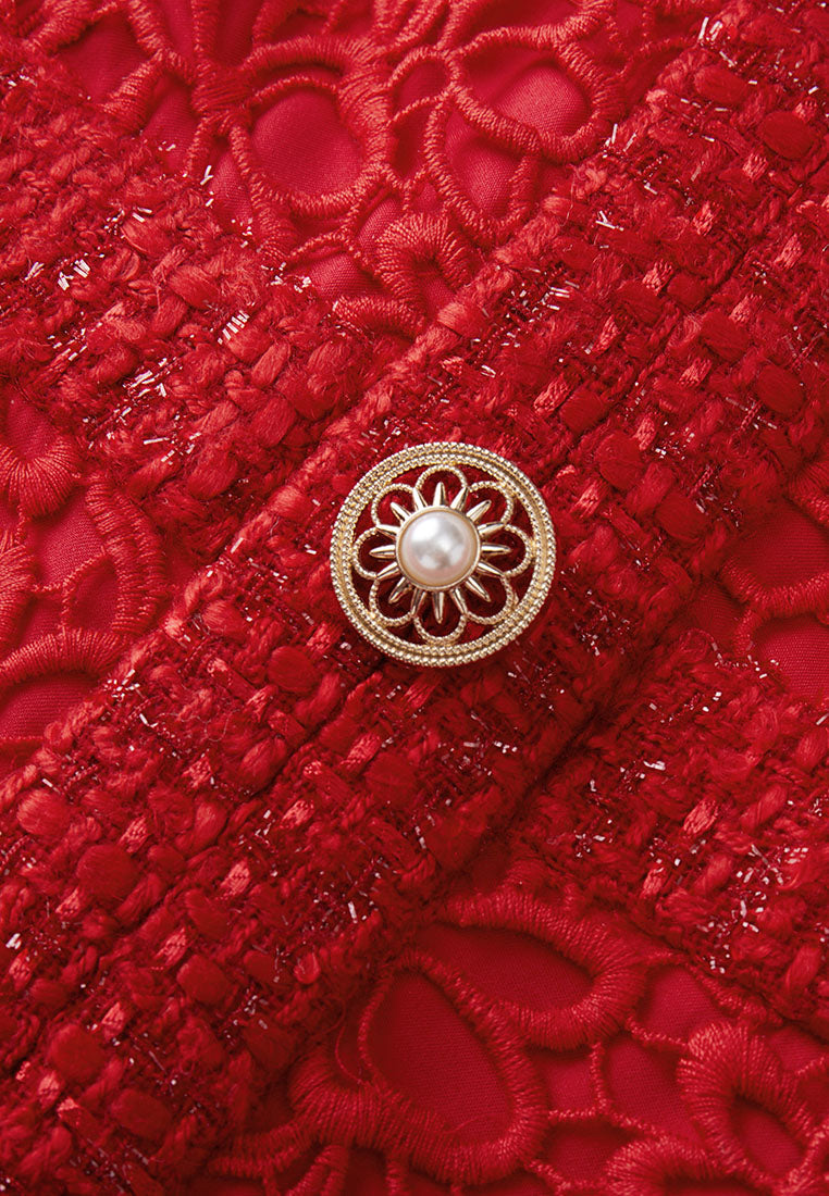 Red Signature Short-sleeved Lace Tweed Dress