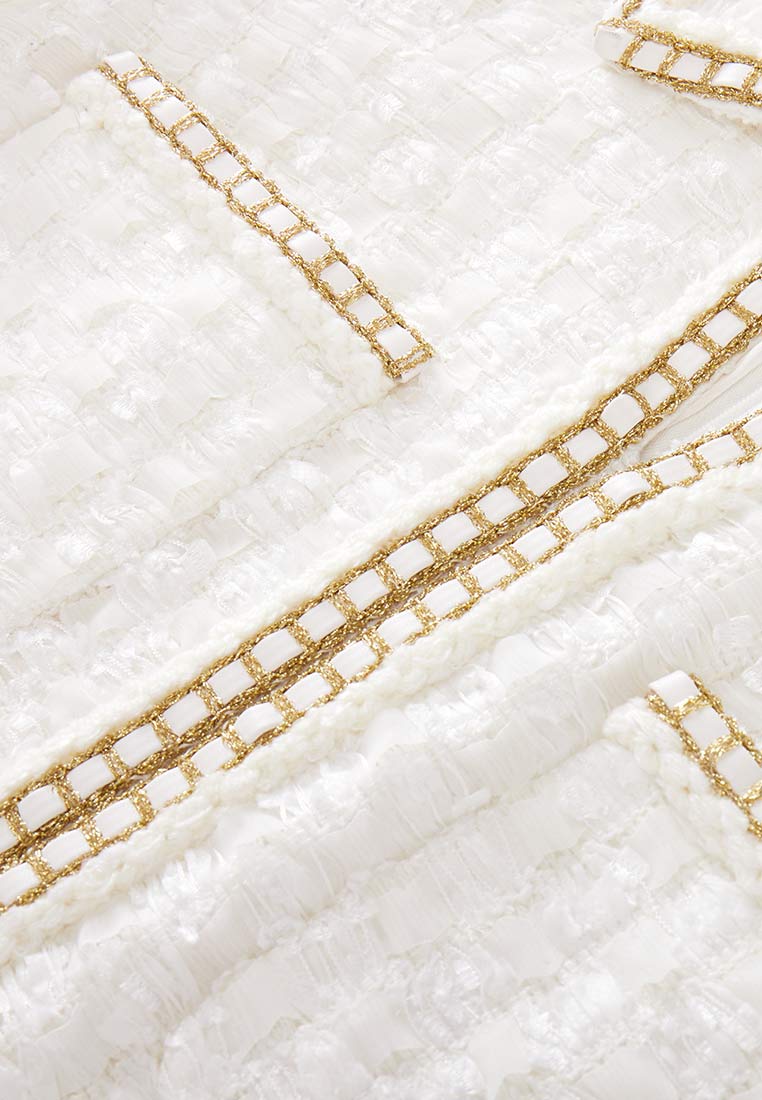 Lapel White Tweed Gold-detailing Long Sleeve Dress