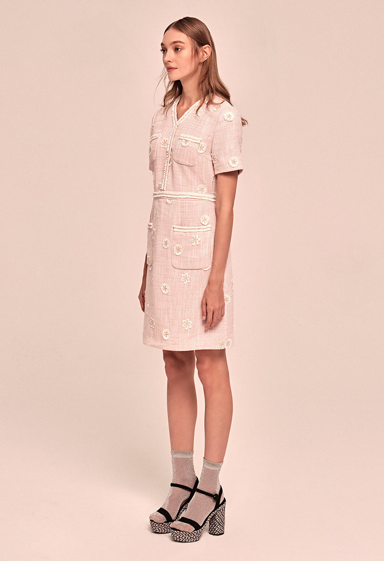 Daisy-embroidered tweed dress