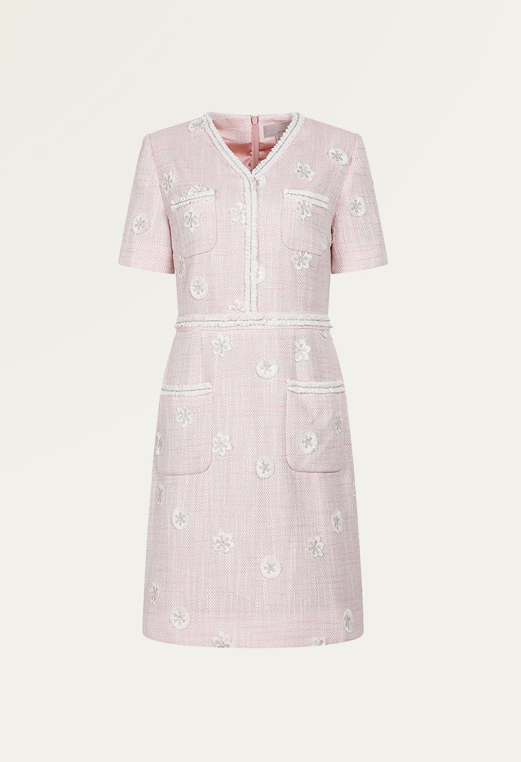 Daisy-embroidered tweed dress