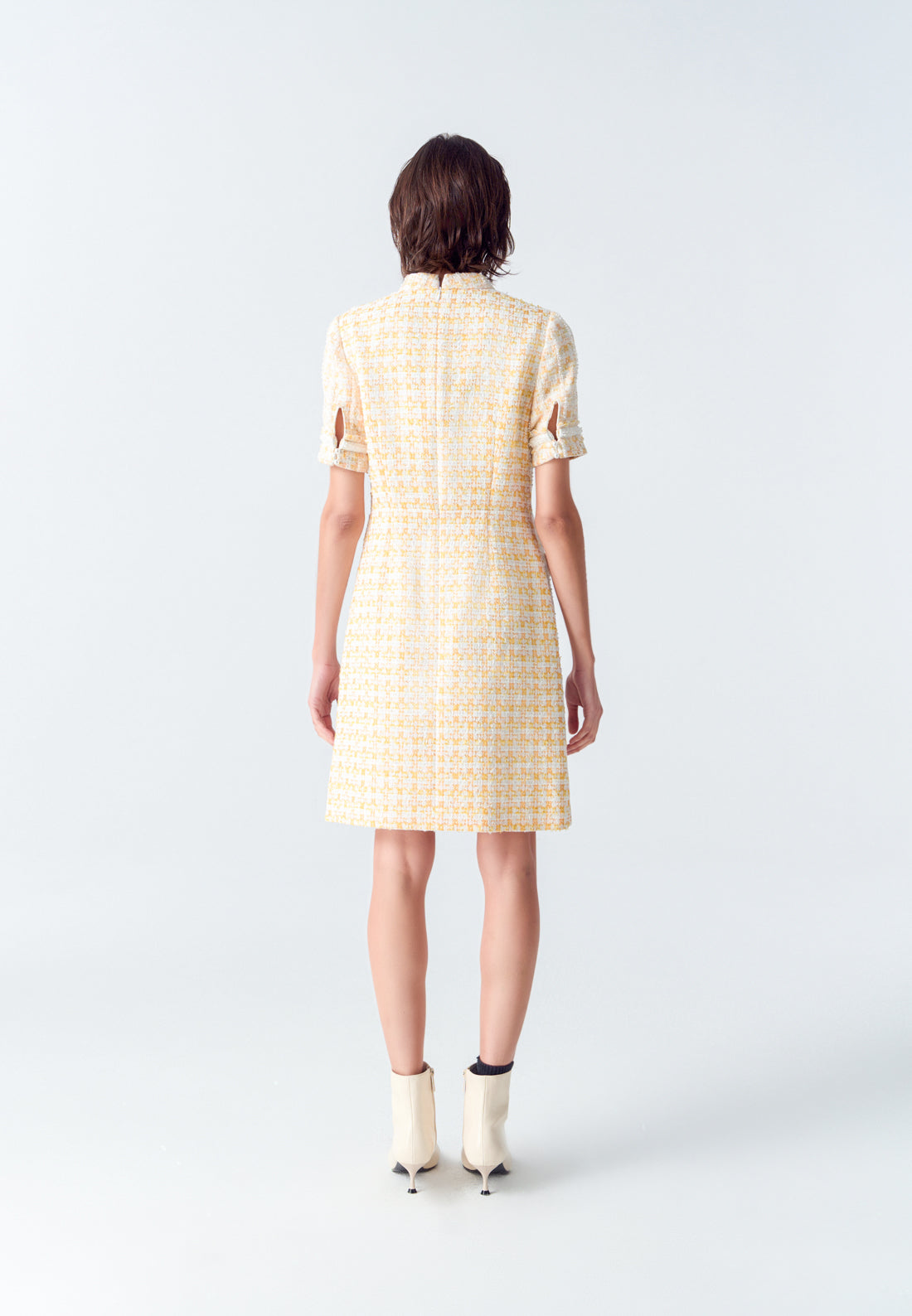 Yellow Signature Stand Collar Tweed Dress