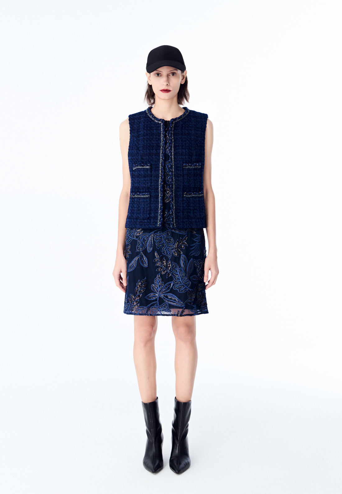 Dark Blue Embroidered Mesh Sleeveless Dress