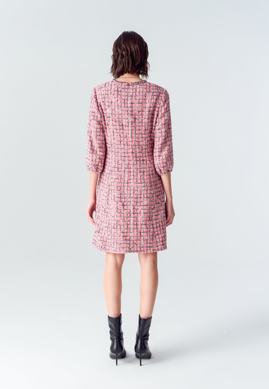 Pink Puff Sleeve Tweed Midi Dress
