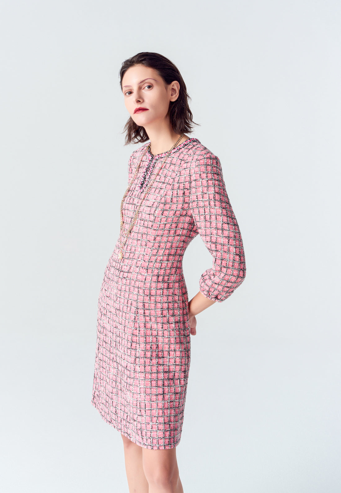 Pink Puff Sleeve Tweed Midi Dress