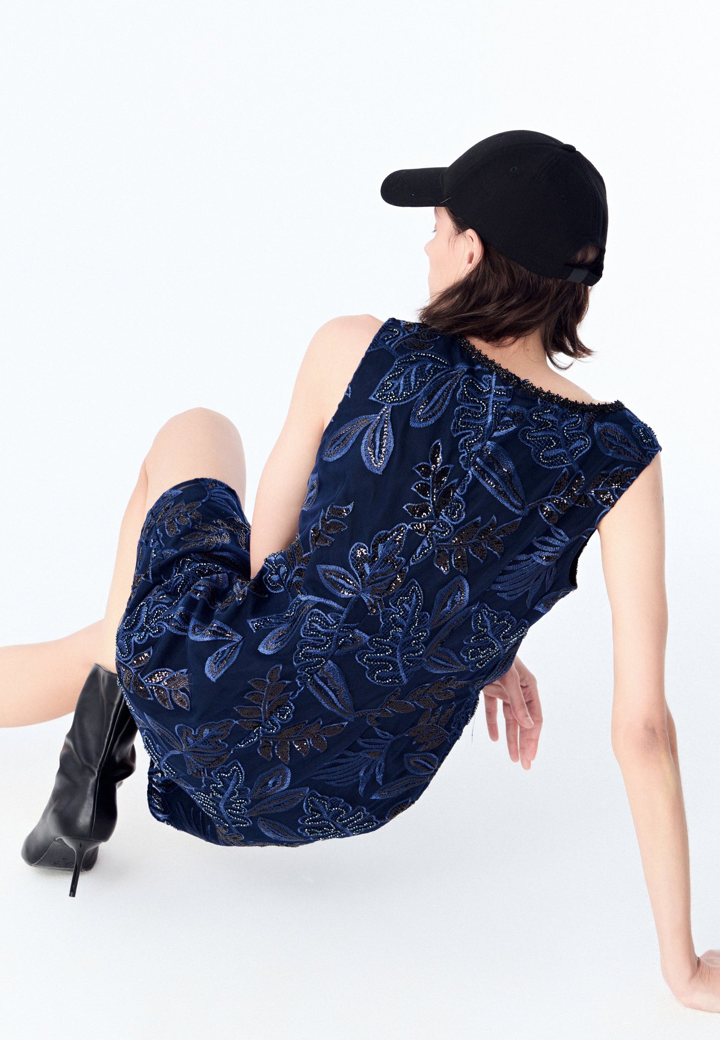 Dark Blue Embroidered Mesh Sleeveless Dress