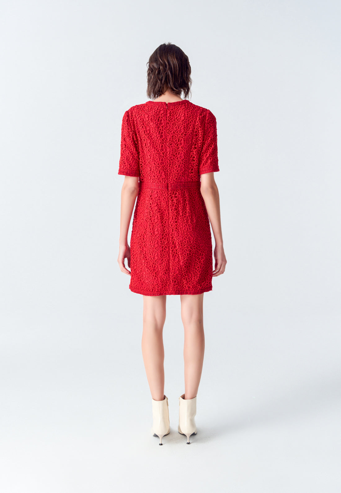 Red Signature Short-sleeved Lace Tweed Dress