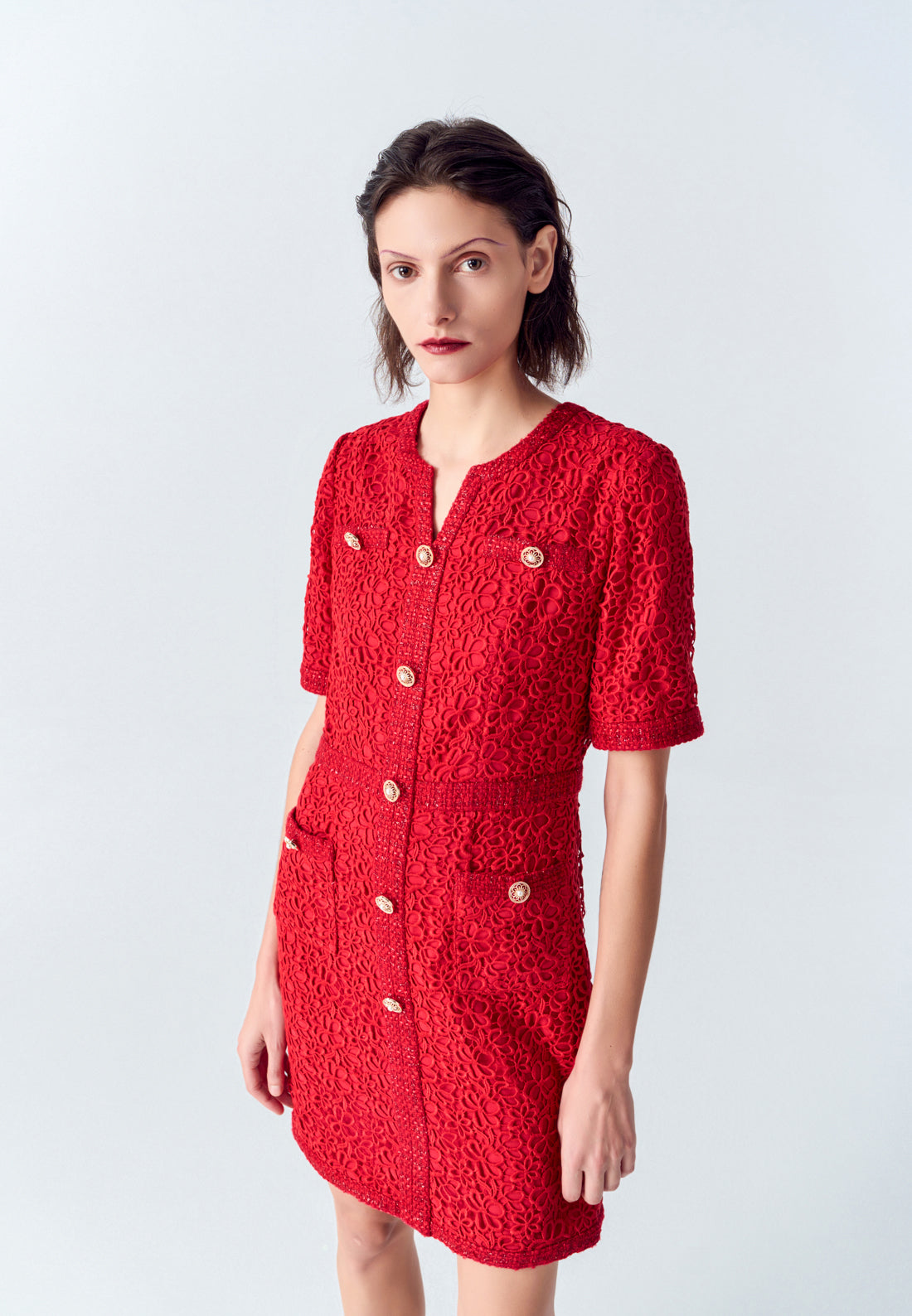 Red Signature Short-sleeved Lace Tweed Dress