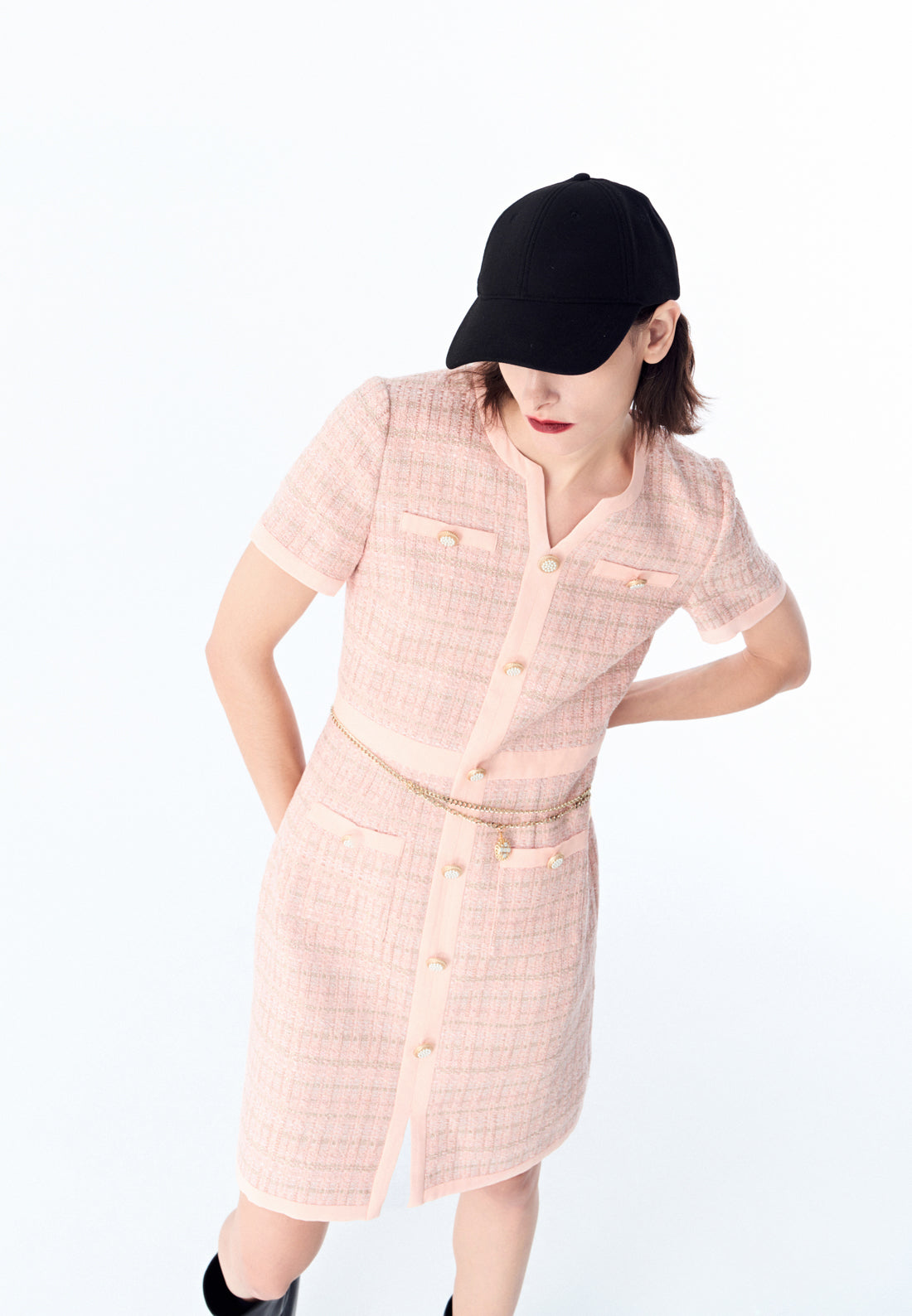 Pink Signature Short-sleeved Tweed Dress