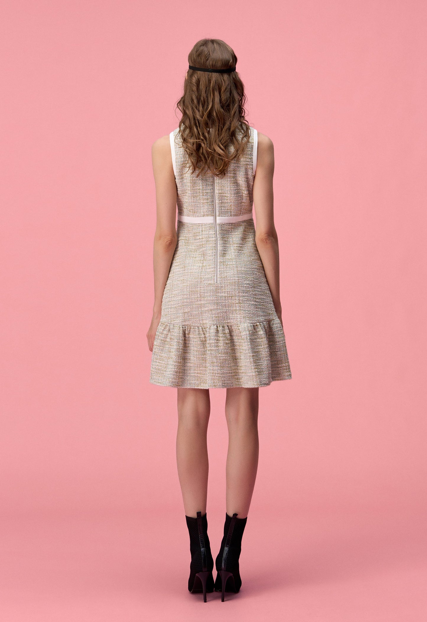 Ruffle-detailing White Lining Mix-green Tweed Dress