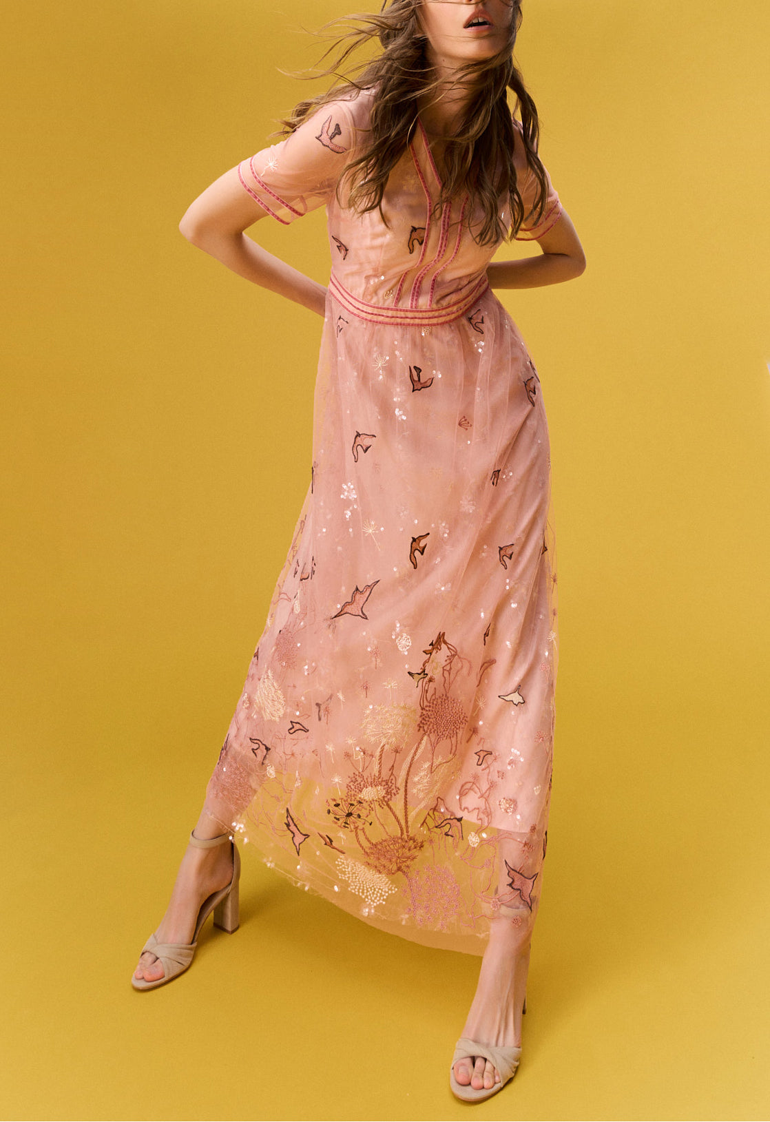 Nature V-neck Pink Organza Short Sleeve Dress