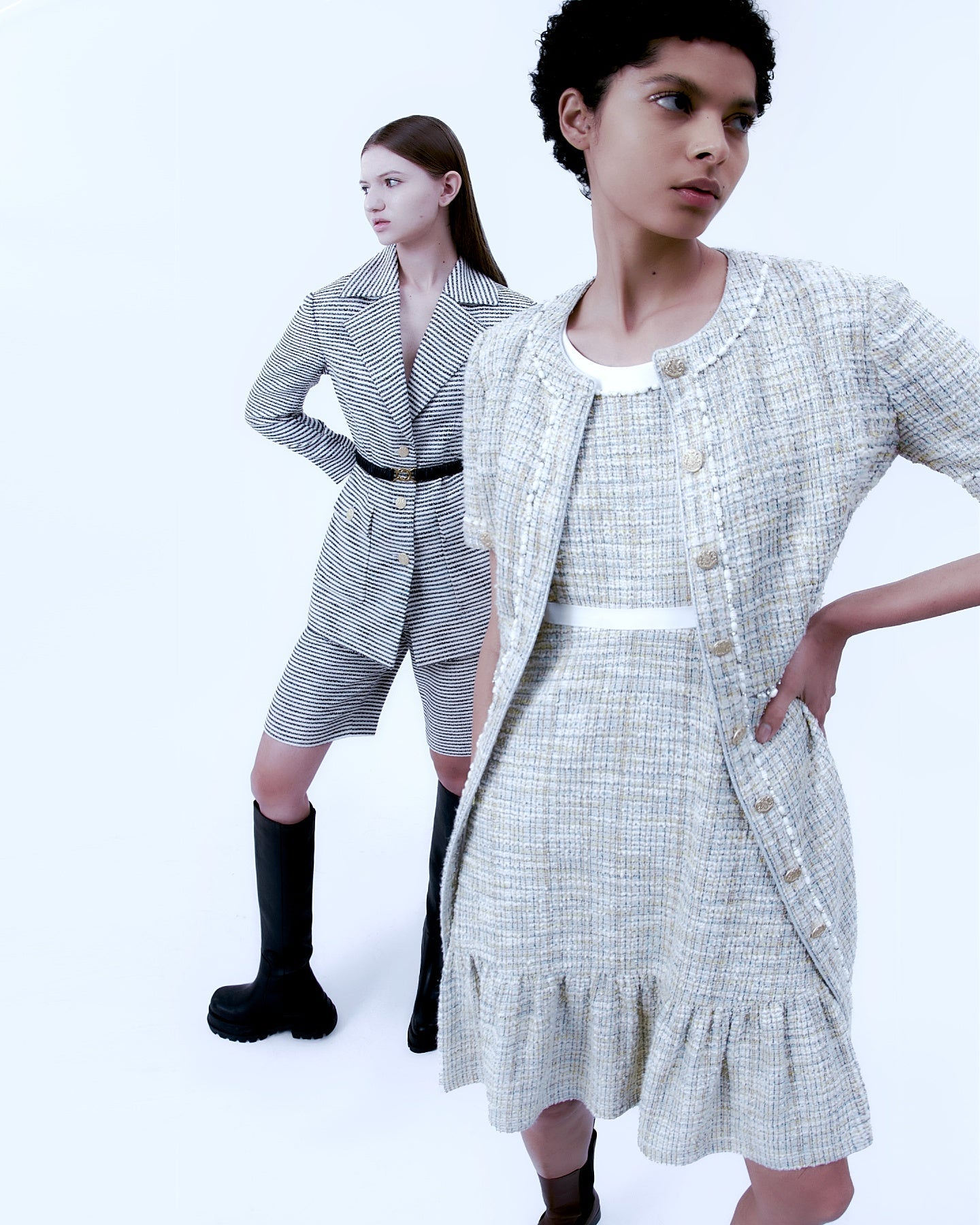 Ruffle-detailing White Lining Mix-green Tweed Dress
