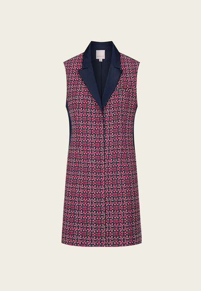 Red Tweed Snap-fastening Sleeveless Lapel Dress