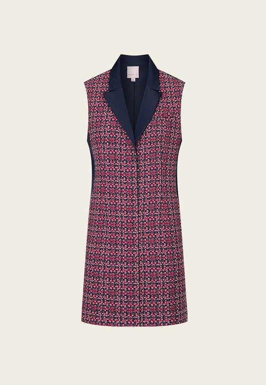 Red Tweed Snap-fastening Sleeveless Lapel Dress