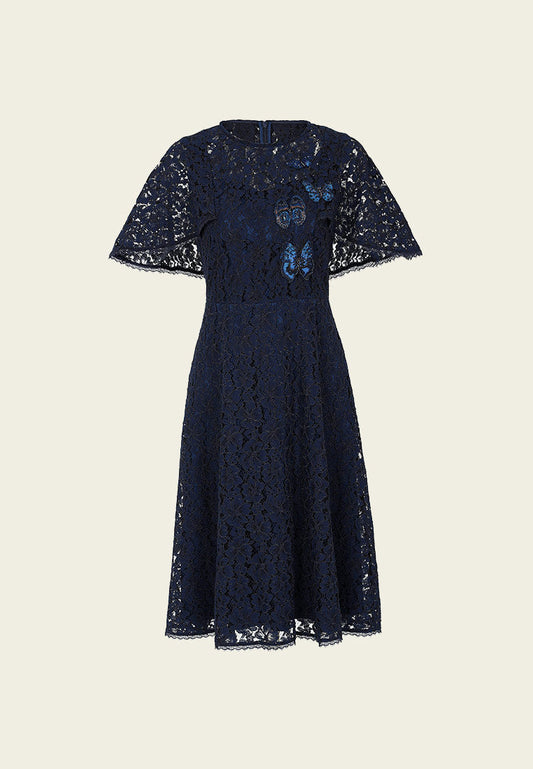Butterfly-embroidered blue lace dress