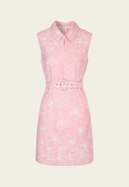 Pink Collar Belted Tweed Sleeveless Dress