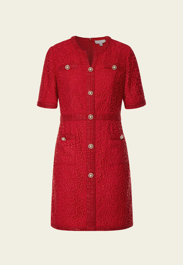 Red Signature Short-sleeved Lace Tweed Dress
