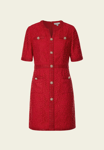 Red Signature Short-sleeved Lace Tweed Dress