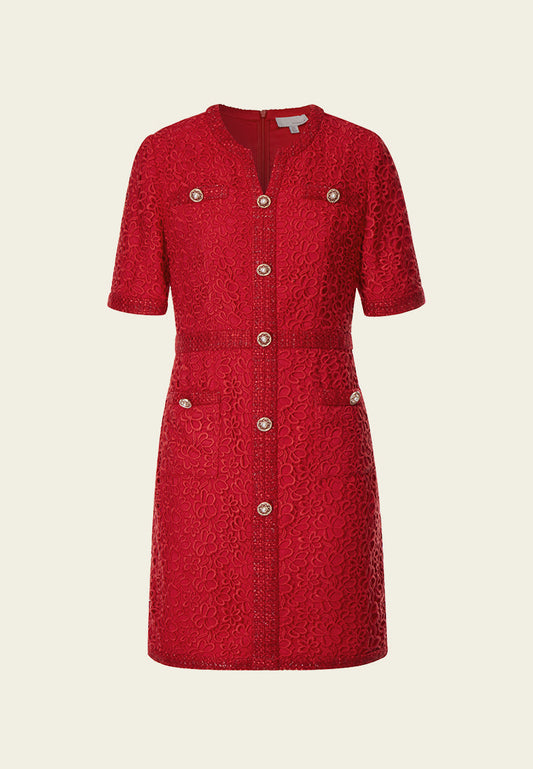 Red Signature Short-sleeved Lace Tweed Dress