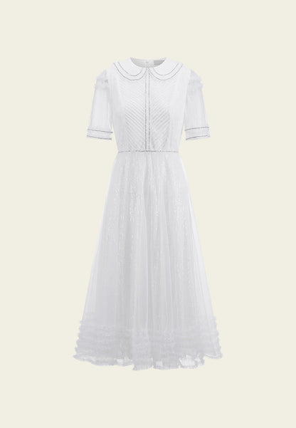 Sequins Rhinestone Embellished Pleated Chiffon Lapel Dress