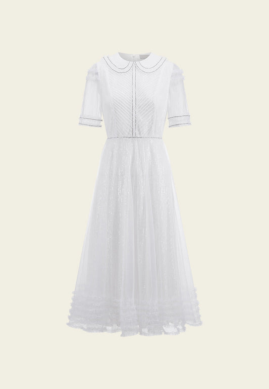 Sequins Rhinestone Embellished Pleated Chiffon Lapel Dress