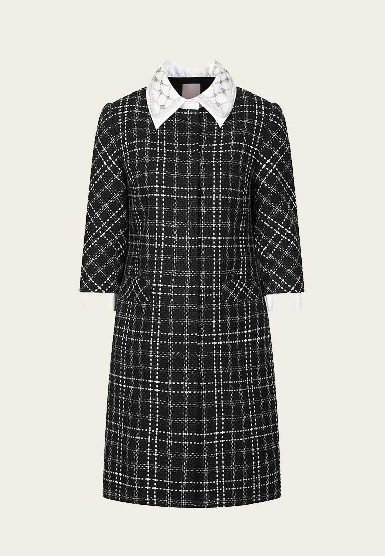 Beaded White Lapel Black Tweed Dress