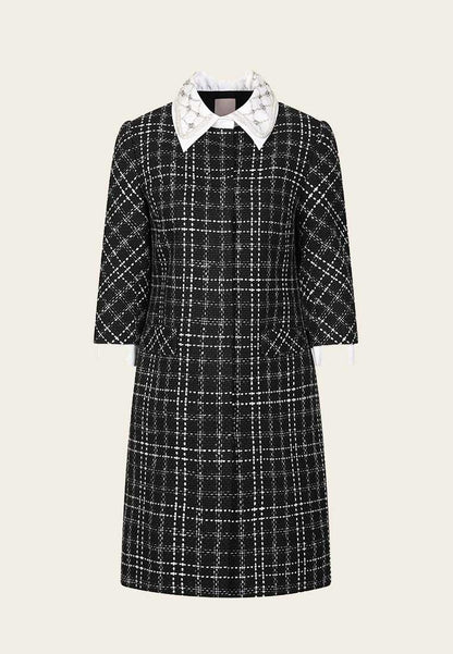 Beaded White Lapel Black Tweed Dress