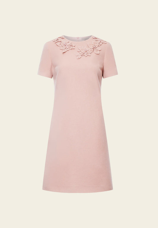 Pink Embellished Wool Short Sleeves Dress