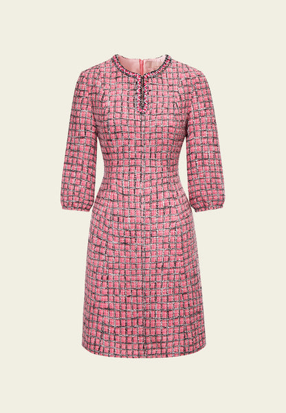 Pink Puff Sleeve Tweed Midi Dress