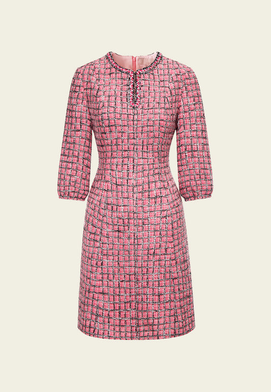 Pink Puff Sleeve Tweed Midi Dress