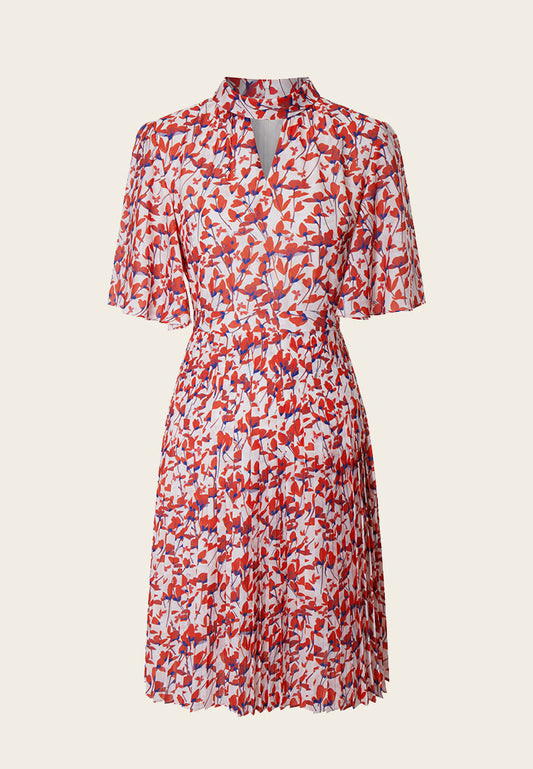 Stand Collar Cut-out Floral Pattern Mid-sleeve Dress