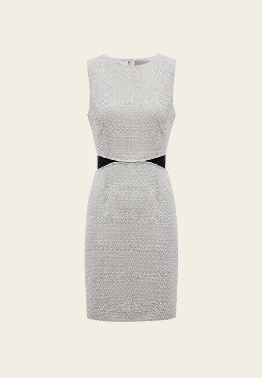 Fake Two Piece Black Detailing Sleeveless Silver Tweed Dress