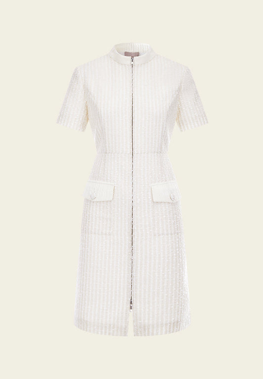 Beige White Stand Collar Zip-Up Tweed Dress