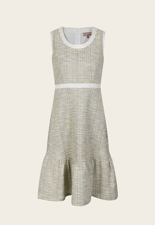 Ruffle-detailing White Lining Mix-green Tweed Dress