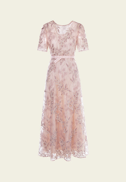 Tie-waist Sequin & Embroidery Mesh Dress