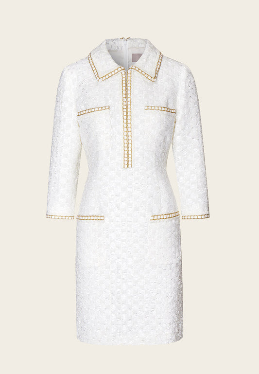 Lapel White Tweed Gold-detailing Long Sleeve Dress