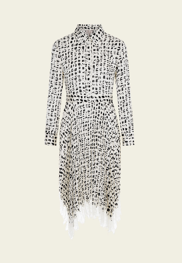 Beige Printed Collar Pleated Midi Dress