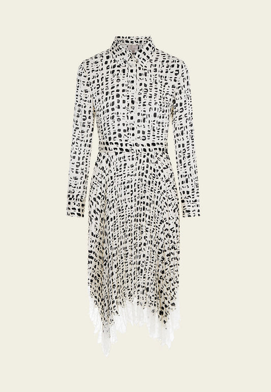 Beige Printed Collar Pleated Midi Dress