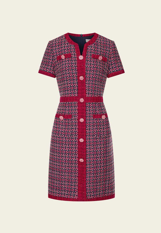 Red Tweed Embellished Button Dress