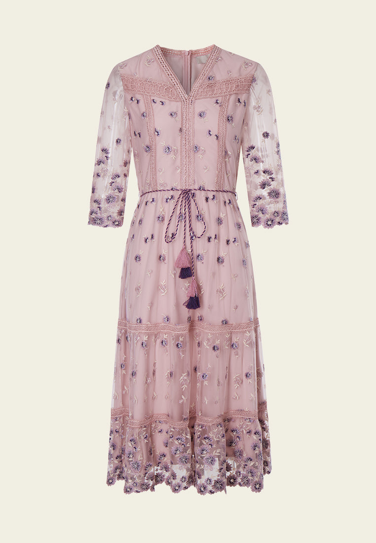 Bohemian Purple V-neck Embroidered Dress