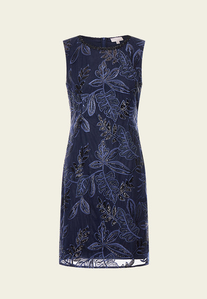 Dark Blue Embroidered Mesh Sleeveless Dress