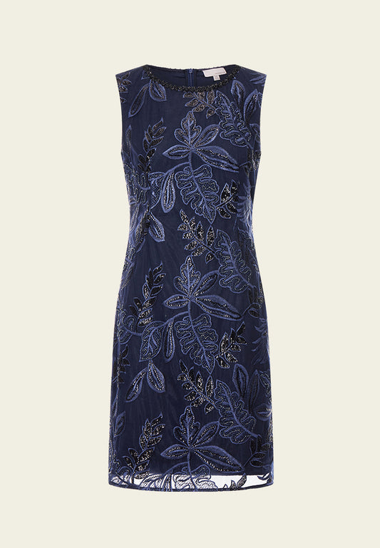 Dark Blue Embroidered Mesh Sleeveless Dress