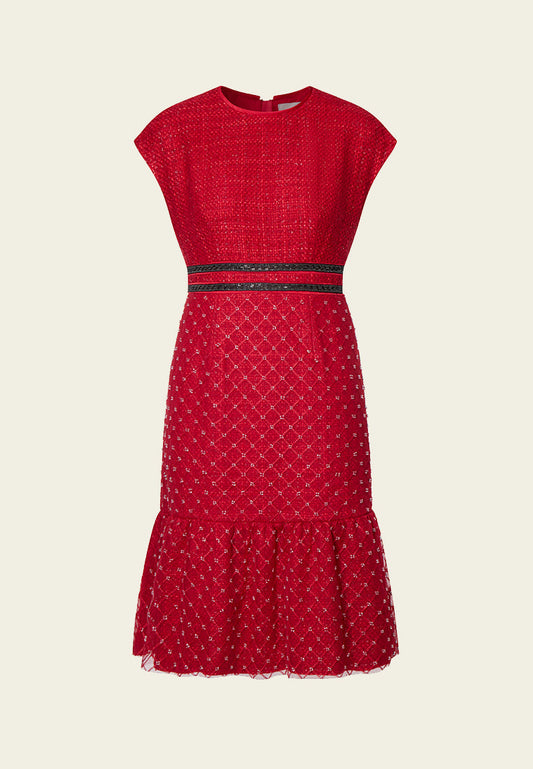 Red Cap-sleeved Embroidered Mesh Tweed Dress