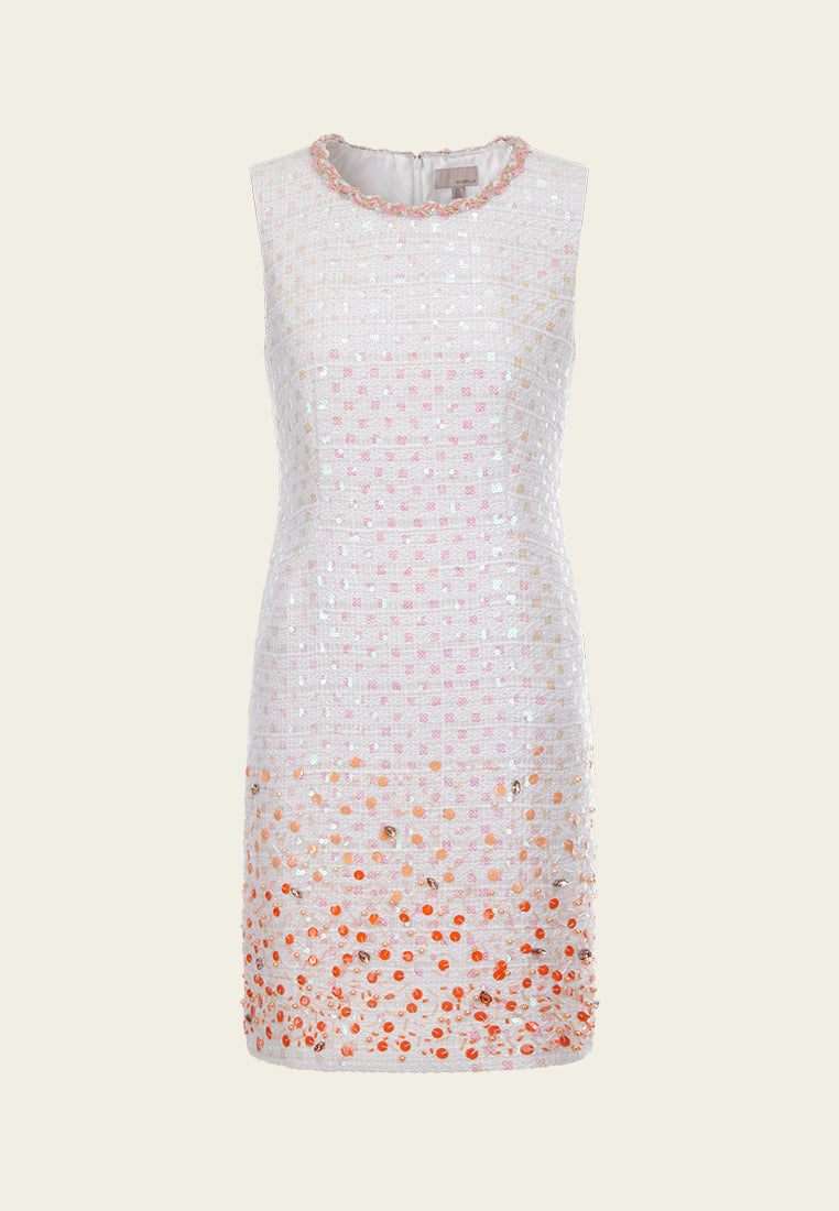 White Beaded Sequin Sleeveless Tweed Dress