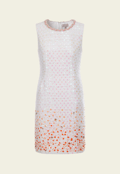 White Beaded Sequin Sleeveless Tweed Dress