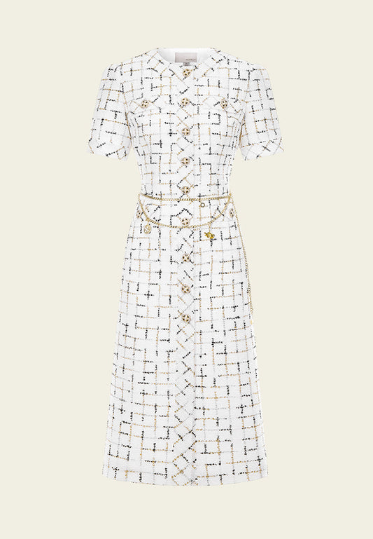 Prestige White Check Tweed Dress with Chain Belt