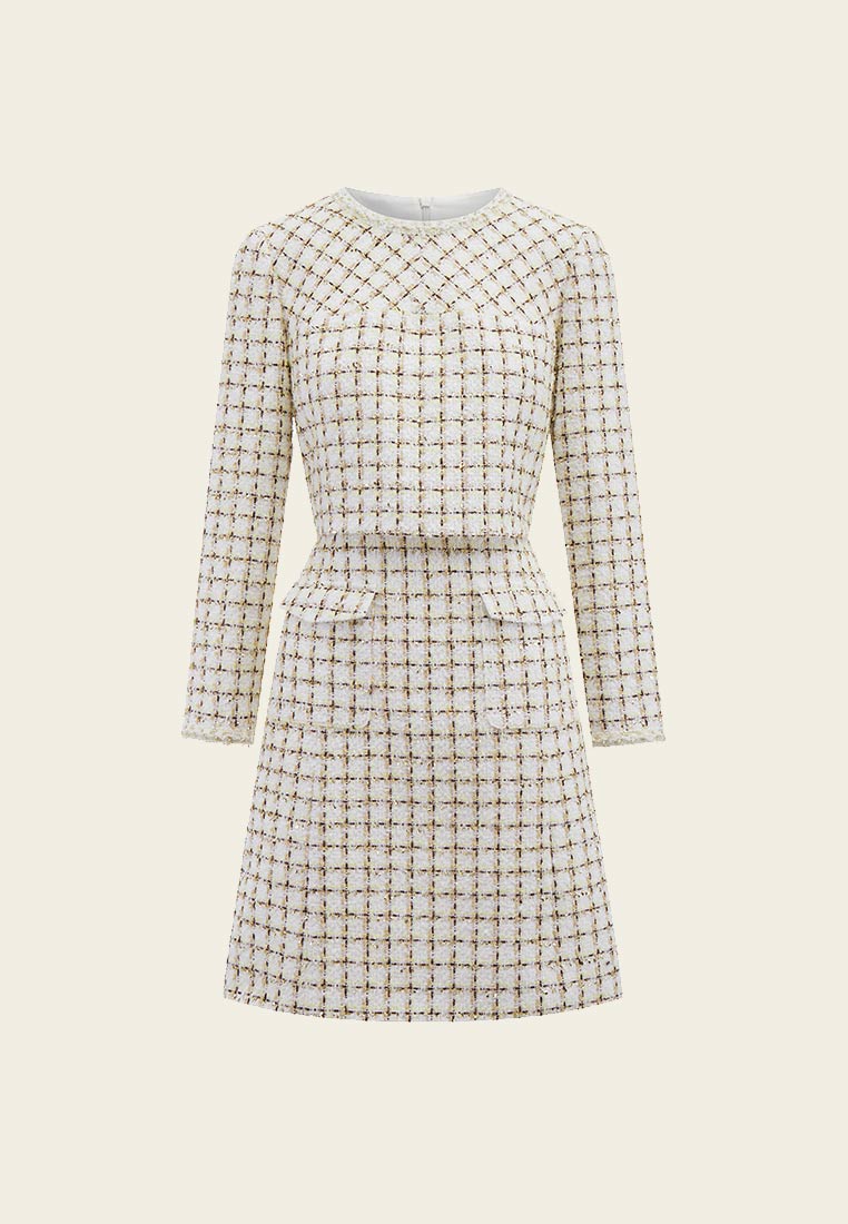 Beige Checked Fake Two Piece Tweed Dress