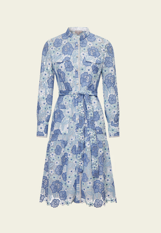 Summer Blue Stand Collar Lace Dress