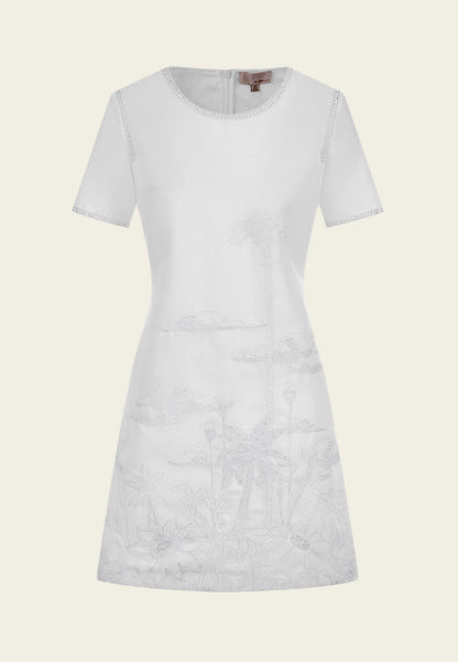 White Landscape Embroidered Dress