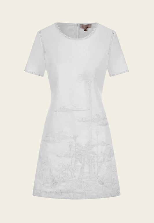 White Landscape Embroidered Dress