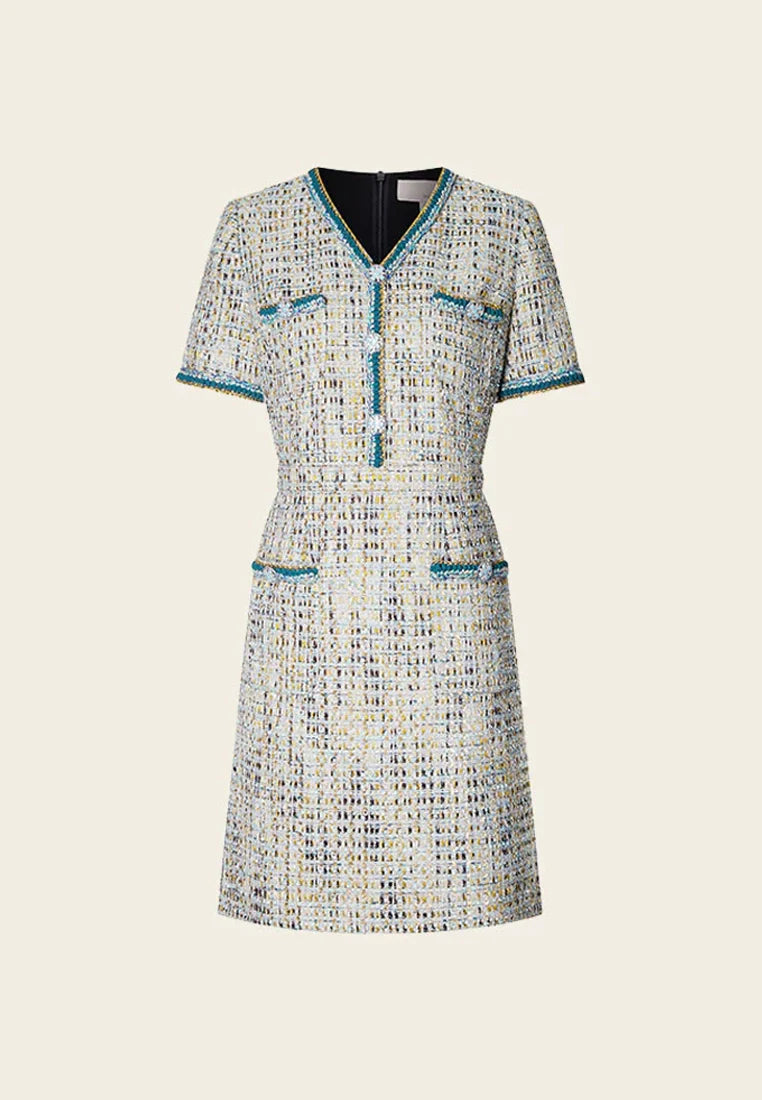 Earth Tone Blue And Gold Detailing Tweed Dress